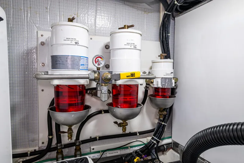 Pacific Rose Yacht Photos Pics Engine room fuel filters in a 2009 American Tug 49 Limited boat.