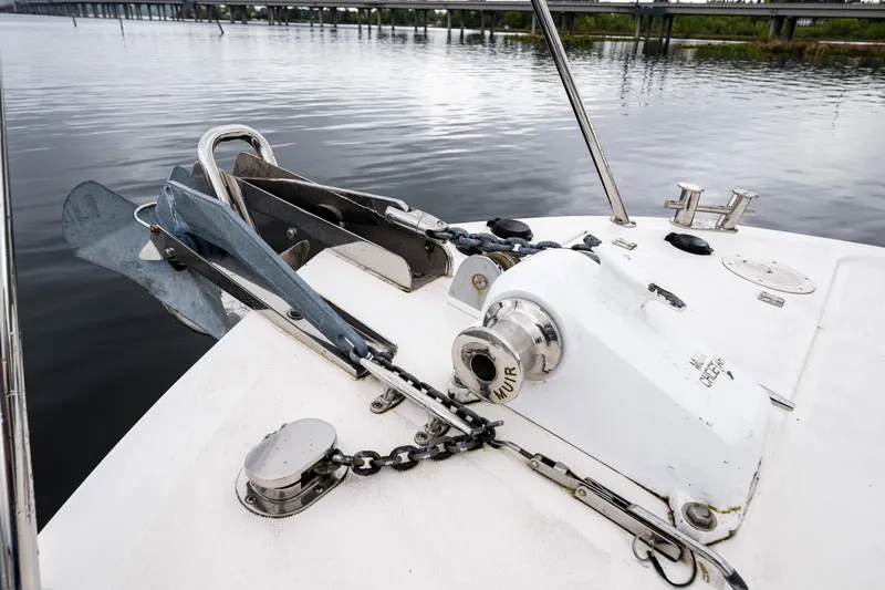 Pacific Rose Yacht Photos Pics Bow of 2009 American Tug 49 Limited with anchor and winch system.
