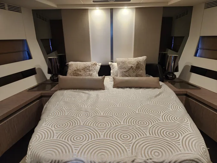 Pri Sea Yacht Photos Pics Luxurious bedroom interior of 2019 Azimut S6 yacht with modern design and plush bedding.