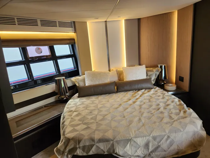 Pri Sea Yacht Photos Pics Luxurious bedroom interior of 2019 Azimut S6 yacht with modern design and ambient lighting.