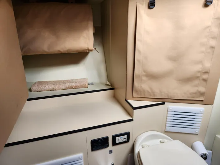 Pri Sea Yacht Photos Pics 2019 Azimut S6 yacht bathroom interior with beige decor and compact design.