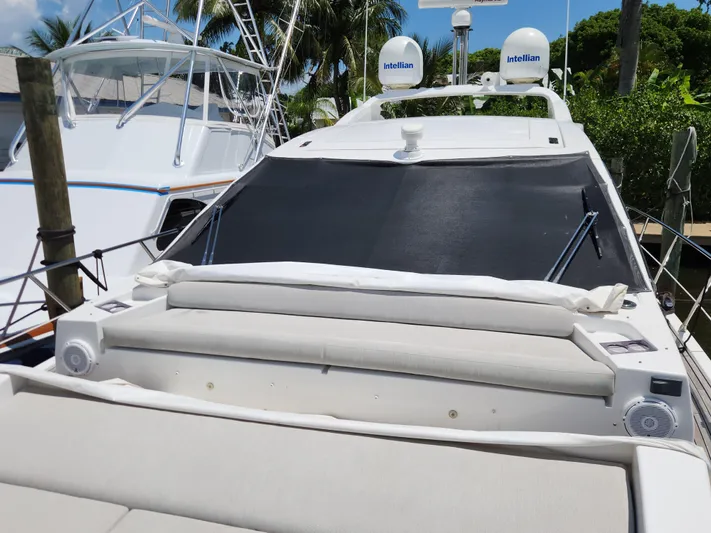 Pri Sea Yacht Photos Pics 2019 Azimut S6 yacht with sun deck and radar domes, docked in a marina.