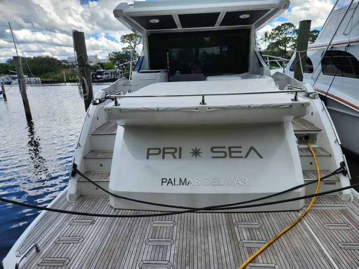 Pri Sea Yacht Photos Pics Azimut S6 2019 yacht docked at marina, featuring "PRI SEA" and "PALMAS DEL MAR" on the stern.