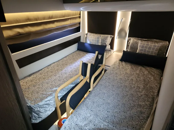 Pri Sea Yacht Photos Pics Interior of 2019 Azimut S6 yacht with twin beds and modern decor.