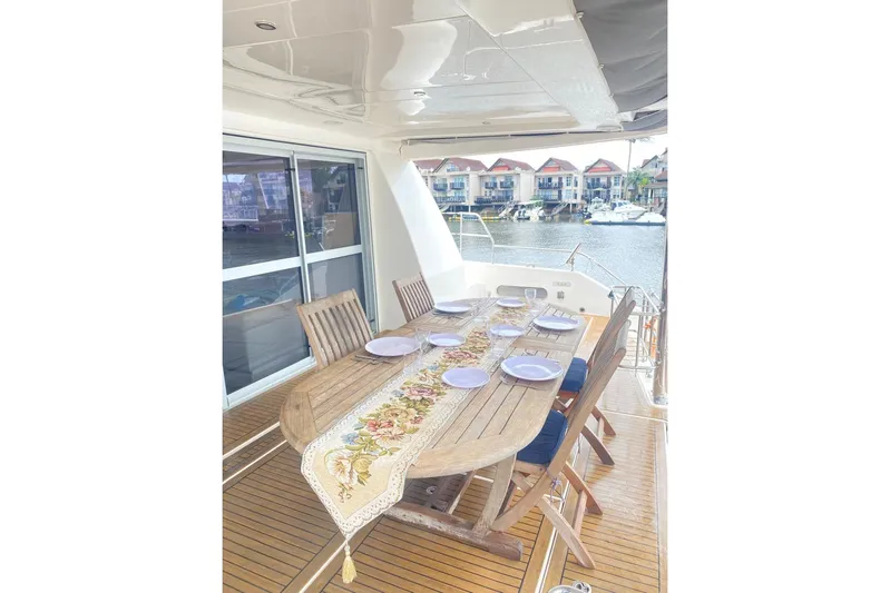  Yacht Photos Pics Outdoor dining area on 2018 Leopard 58 yacht with wooden table, chairs, and decorative table runner.