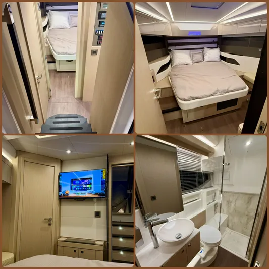 Yacht Photos Pics 2024 Jeanneau DB/43 OB interior with bedroom, bathroom, and entertainment area. Luxurious yacht design.
