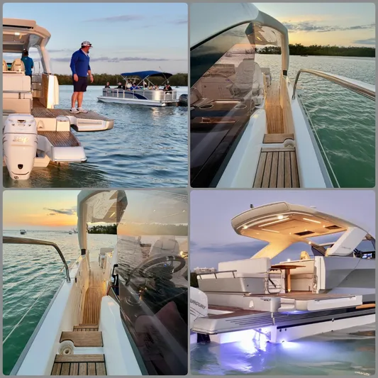  Yacht Photos Pics 2024 Jeanneau DB/43 OB yacht on water, showcasing deck and interior at sunset.