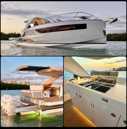  Yacht Photos Pics 2024 Jeanneau DB/43 OB yacht with sleek design, luxurious deck, and modern outdoor kitchen.