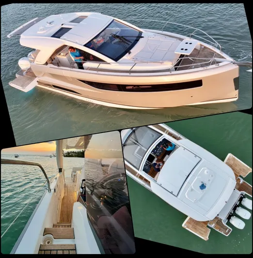  Yacht Photos Pics 2024 Jeanneau DB/43 OB yacht on water, showcasing sleek design and luxurious deck features.