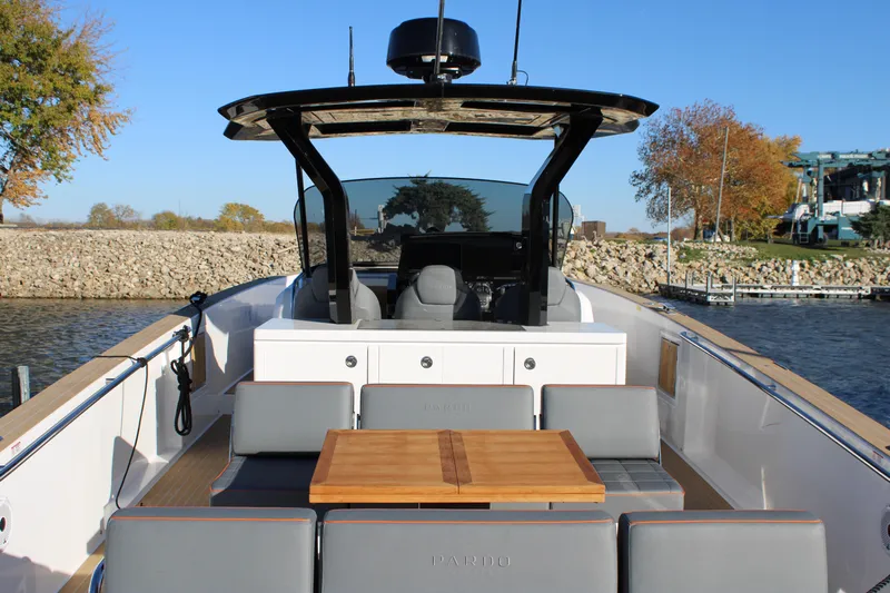  Yacht Photos Pics 2025 Pardo Yachts 38 with sleek design, spacious deck, and modern seating on a sunny day.