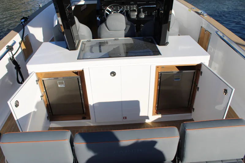  Yacht Photos Pics 2025 Pardo Yachts 38 interior with open cabinets and seating area.