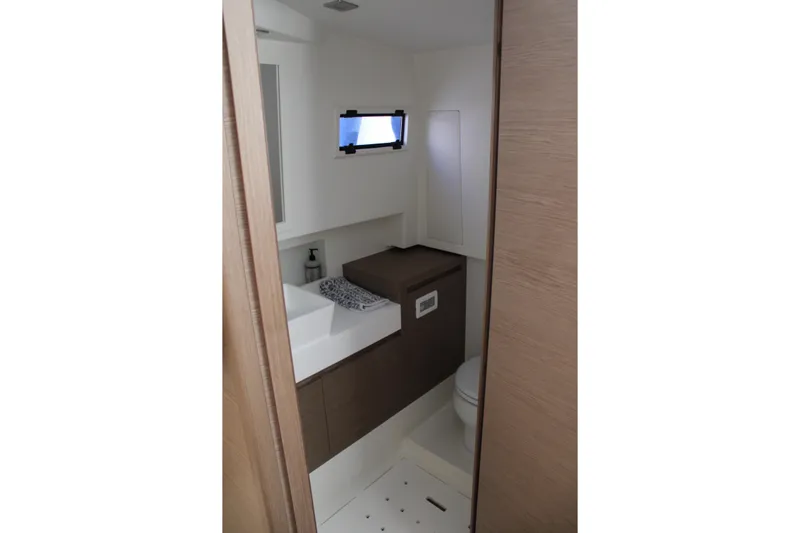  Yacht Photos Pics Modern bathroom interior of 2025 Pardo Yachts 38, featuring sleek design and compact layout.