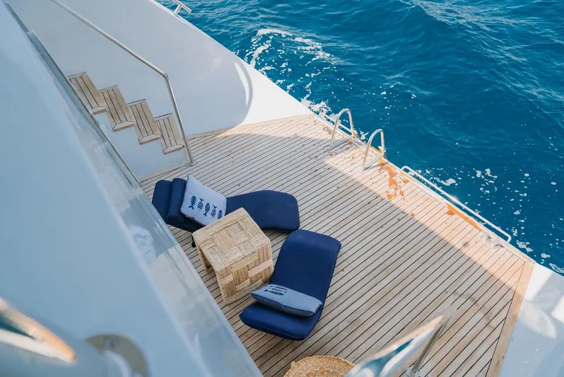  Yacht Photos Pics Deck of 2023 Custom Made Motorsailer with lounge chairs and ocean view.