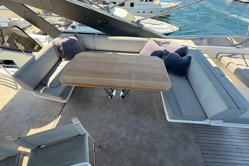  Yacht Photos Pics Luxurious seating area on 2018 Sunseeker 86 Yacht with ocean view.