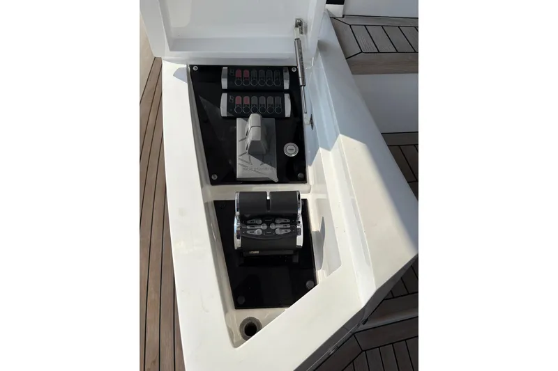  Yacht Photos Pics Control panel on 2018 Sunseeker 86 Yacht, featuring modern navigation and throttle controls.