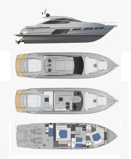  Yacht Photos Pics 2023 Pershing 6X yacht design with side and top views, showcasing sleek lines and luxurious interiors.
