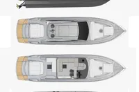 2023 Pershing 6X yacht design with side and top views, showcasing sleek lines and luxurious interiors.