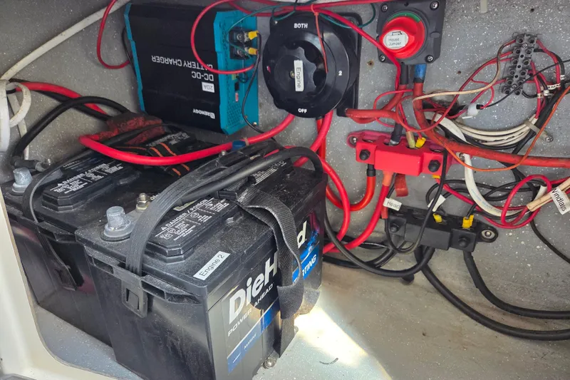 Prosecco Yacht Photos Pics Electrical system of a 1997 Seawind 1000, featuring batteries and wiring components.