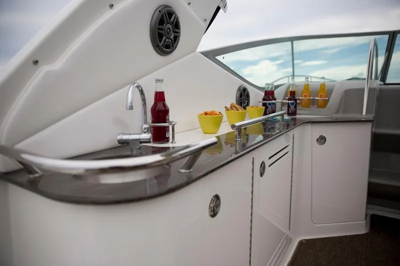 Freedom Of The Seize Yacht Photos Pics Outdoor kitchenette on a 2014 Sea Ray 330 Sundancer yacht with drinks and snacks.