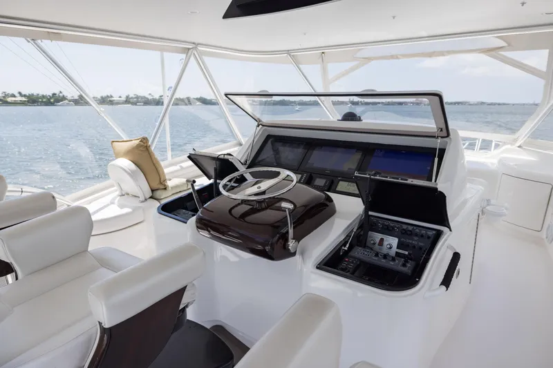 "el Jefe" Yacht Photos Pics Luxurious helm of 2014 Viking 70 Convertible yacht with modern navigation equipment.