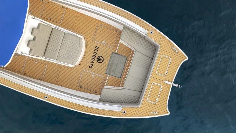 Sec Catfish 39 Yacht Photos Pics Aerial view of 2023 Custom Catamaran Sec CatFish 39 with teak deck and seating.