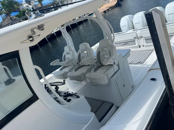  Yacht Photos Pics Luxury Blackwater 43 boat interior, 2018 model, featuring sleek white seating and modern design.