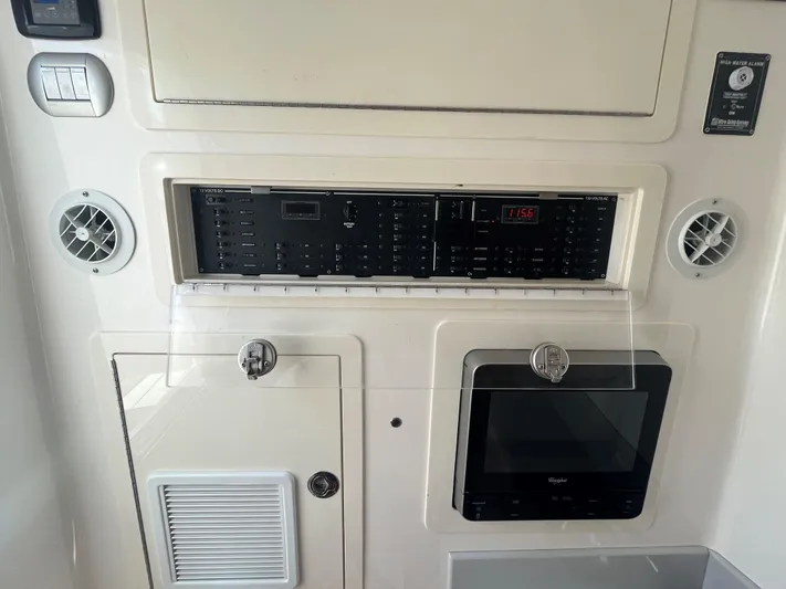  Yacht Photos Pics Control panel of a 2018 Blackwater 43 boat, featuring various switches and a display.