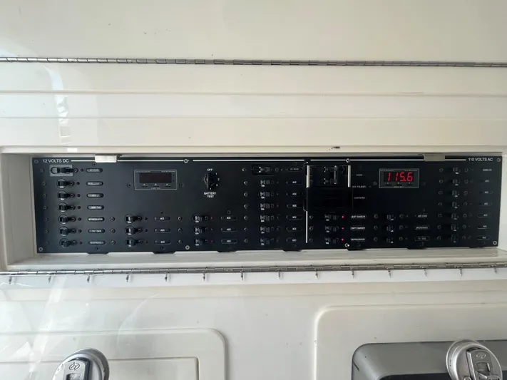  Yacht Photos Pics Control panel of a 2018 Blackwater 43 boat, featuring various switches and digital displays.