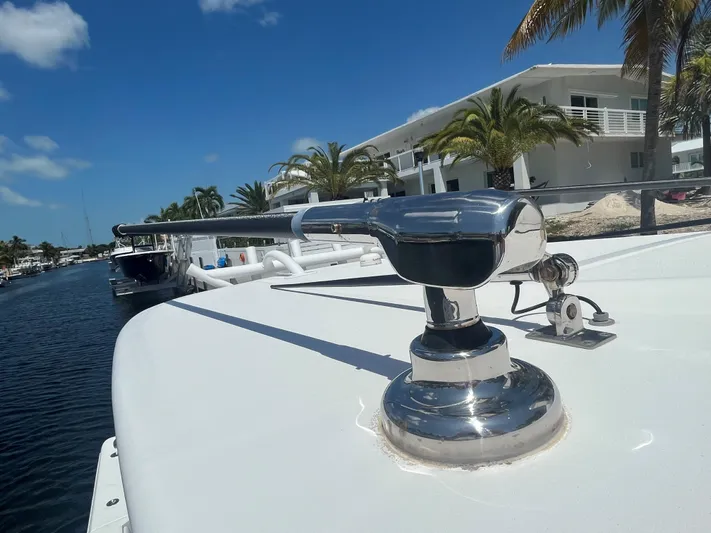  Yacht Photos Pics 2018 Blackwater 43 boat detail with chrome hardware, docked near waterfront homes.