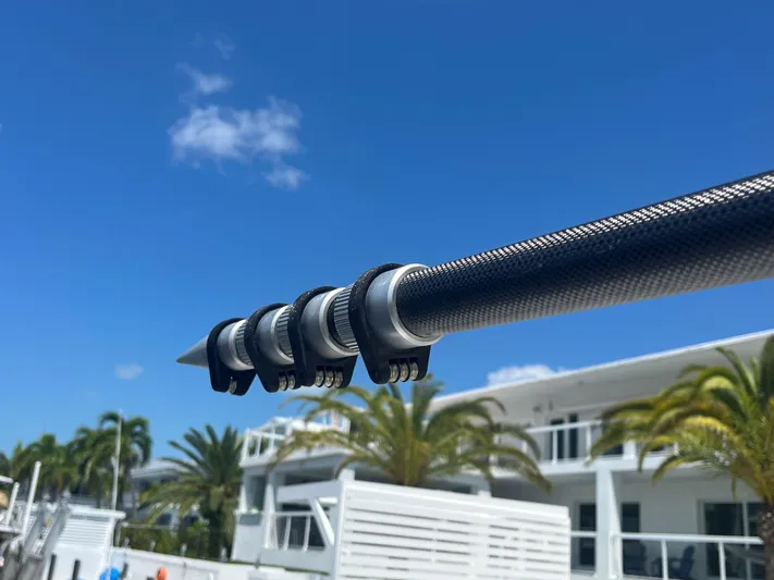  Yacht Photos Pics Close-up of Blackwater 43 boat part against a clear blue sky, 2018 model.