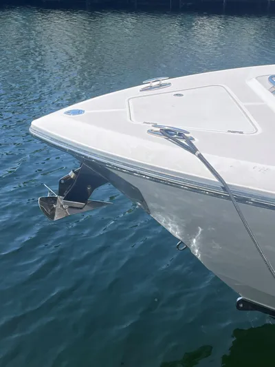  Yacht Photos Pics Bow of 2018 Blackwater 43 boat with anchor, docked on calm water.