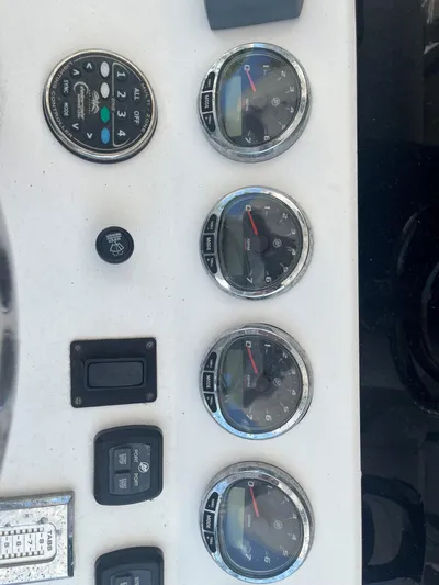  Yacht Photos Pics Dashboard of a 2018 Blackwater 43 boat with gauges and controls.