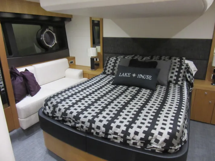 Skeis The Limit Yacht Photos Pics Luxurious bedroom interior of 2014 Sunseeker Manhattan 53 yacht with modern decor.