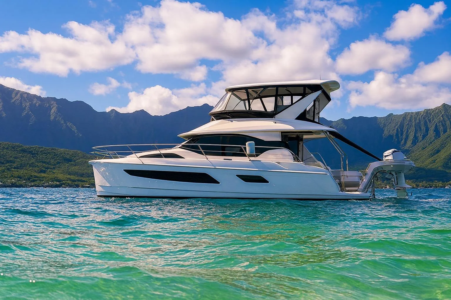 Aquila 44 Yacht 2016 cruising on turquoise waters with scenic mountain backdrop.