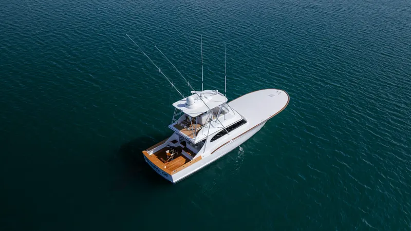 Double B Yacht Photos Pics Aerial view of 2000 Custom Carolina Taylor Made yacht on open water.