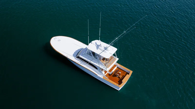 Double B Yacht Photos Pics Aerial view of 2000 Custom Carolina Taylor Made yacht on open water.