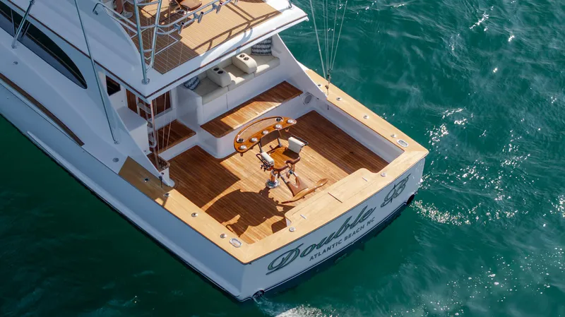 Double B Yacht Photos Pics Aerial view of 2000 Custom Carolina Taylor Made yacht on the ocean.