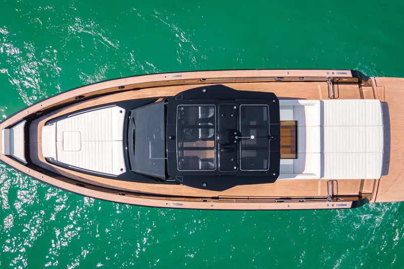  Yacht Photos Pics Overhead view of 2024 Pardo Yachts P50 on turquoise water.