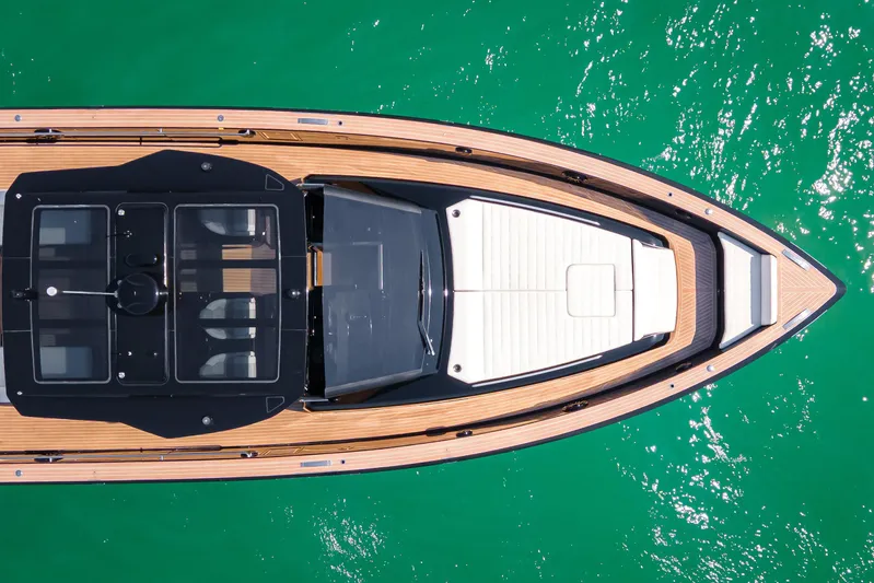  Yacht Photos Pics Top view of 2024 Pardo Yachts P50 on vibrant turquoise water.