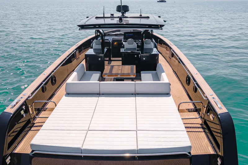  Yacht Photos Pics 2024 Pardo Yachts P50 luxury yacht with spacious deck and elegant seating on open water.
