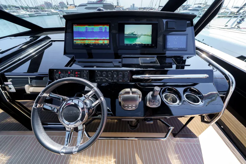  Yacht Photos Pics Helm of 2024 Pardo Yachts P50 with advanced navigation displays and controls.