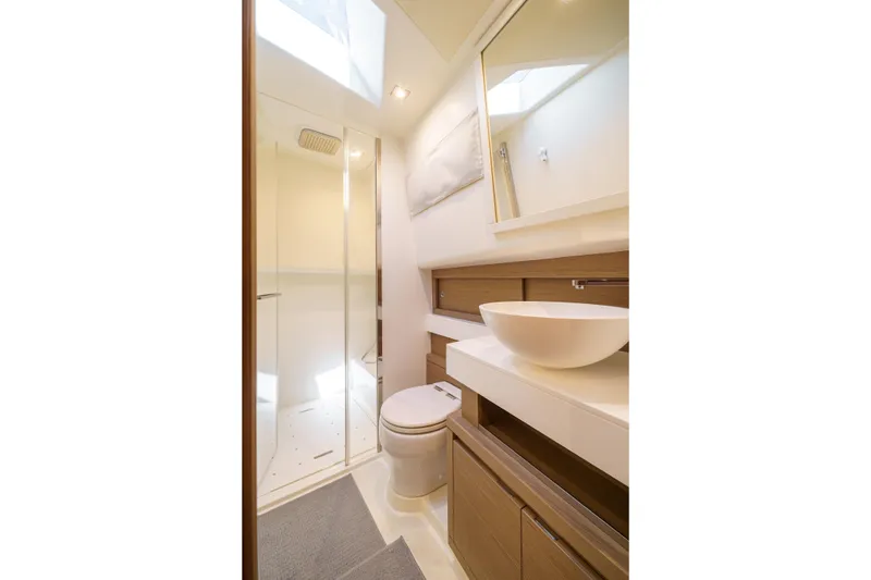  Yacht Photos Pics Luxurious bathroom in 2024 Pardo Yachts P50, featuring modern fixtures and elegant design.