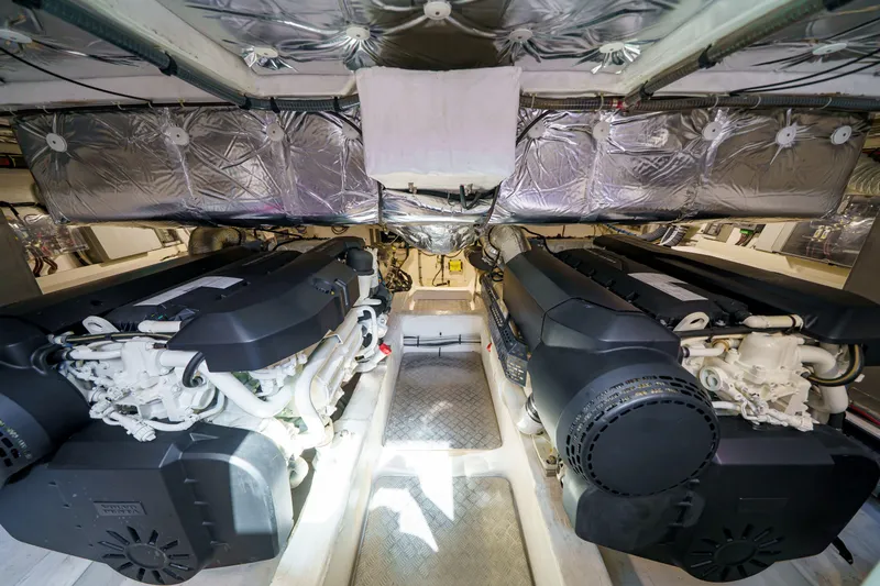  Yacht Photos Pics Engine room of 2024 Pardo Yachts P50, showcasing dual powerful engines and insulated surroundings.