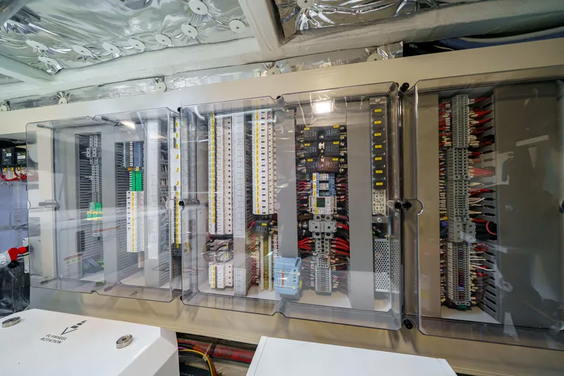  Yacht Photos Pics Electrical panel inside 2024 Pardo Yachts P50, showcasing complex wiring and components.