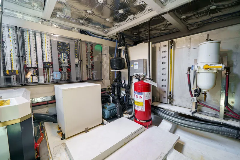  Yacht Photos Pics Engine room of 2024 Pardo Yachts P50, featuring electrical panels and safety equipment.