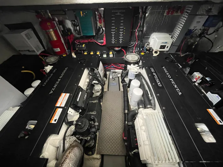 About Time Yacht Photos Pics Engine room of a 2022 Regal 42 Grande Coupe with Volvo Penta engines.