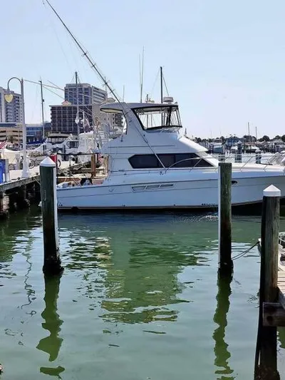  Yacht Photos Pics 2001 Silverton 42 Convertible yacht docked at a marina with cityscape background.
