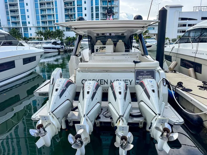  Yacht Photos Pics 2023 Azimut Verve 47 yacht docked with four powerful outboard engines.