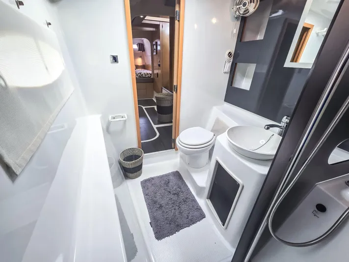 Breathing Room Yacht Photos Pics Modern bathroom interior on 2014 Fountaine Pajot Lipari 41 catamaran, featuring sleek design and amenities.