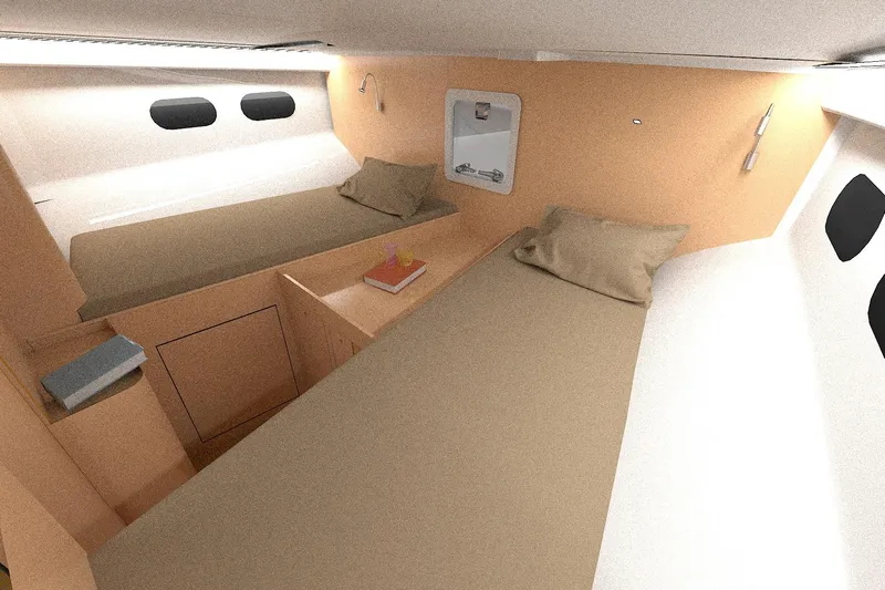 Yacht Photos Pics Interior of 2026 Rapido 63 yacht cabin with twin beds and modern design.